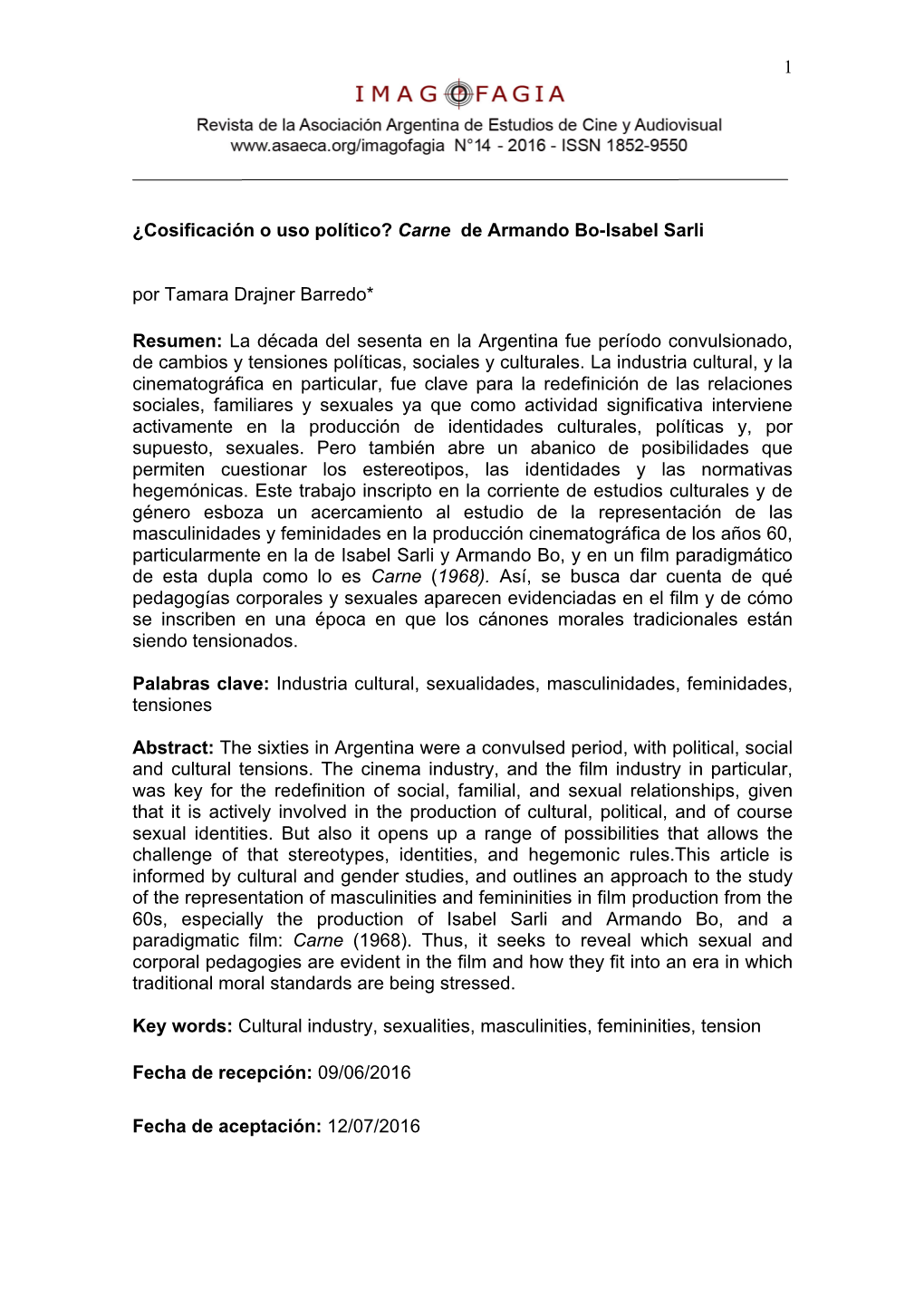 ¿Cosificación O Uso Político? Carne De Armando Bo-Isabel Sarli Por Tamara Drajner Barredo*