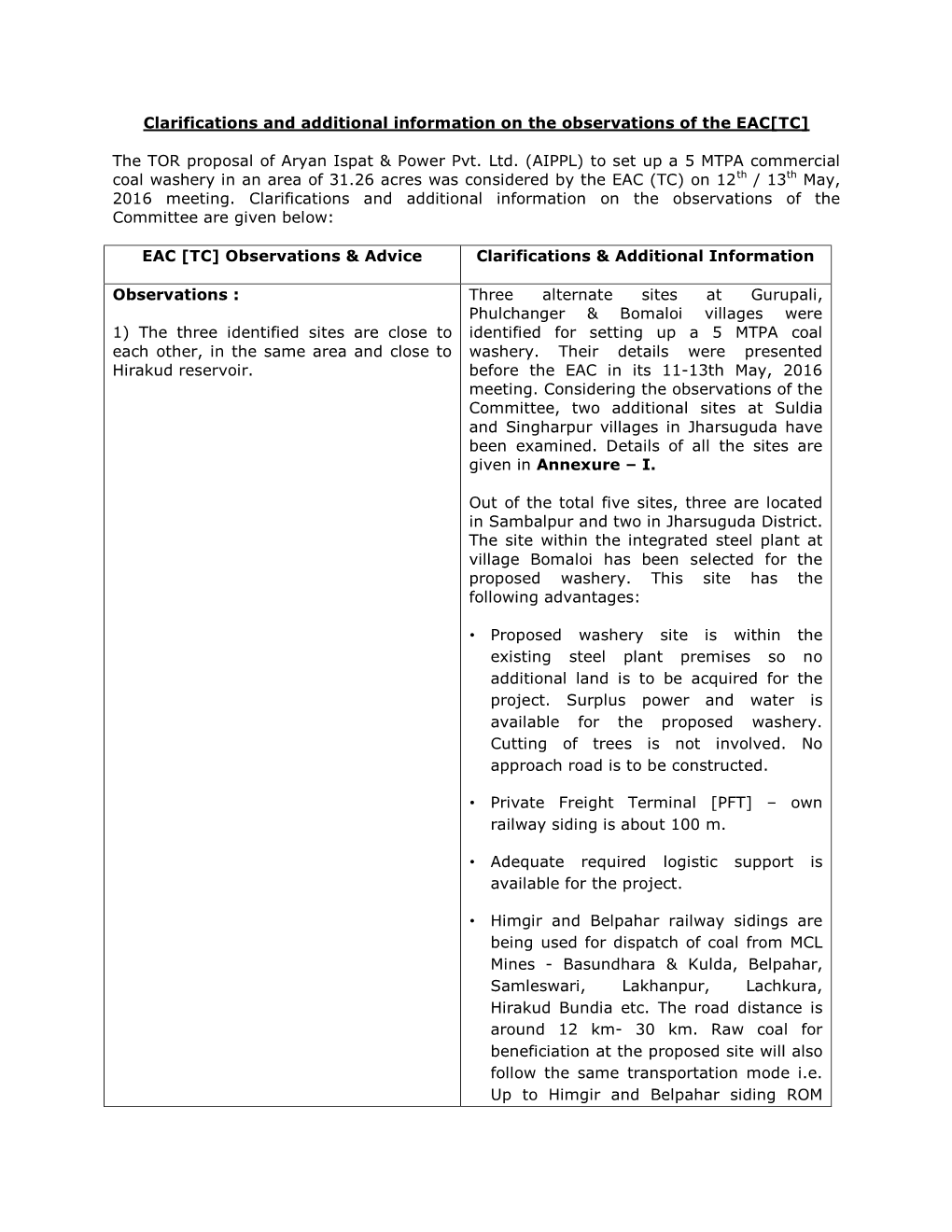 Clarifications and Additional Information on the Observations of the EAC[TC]