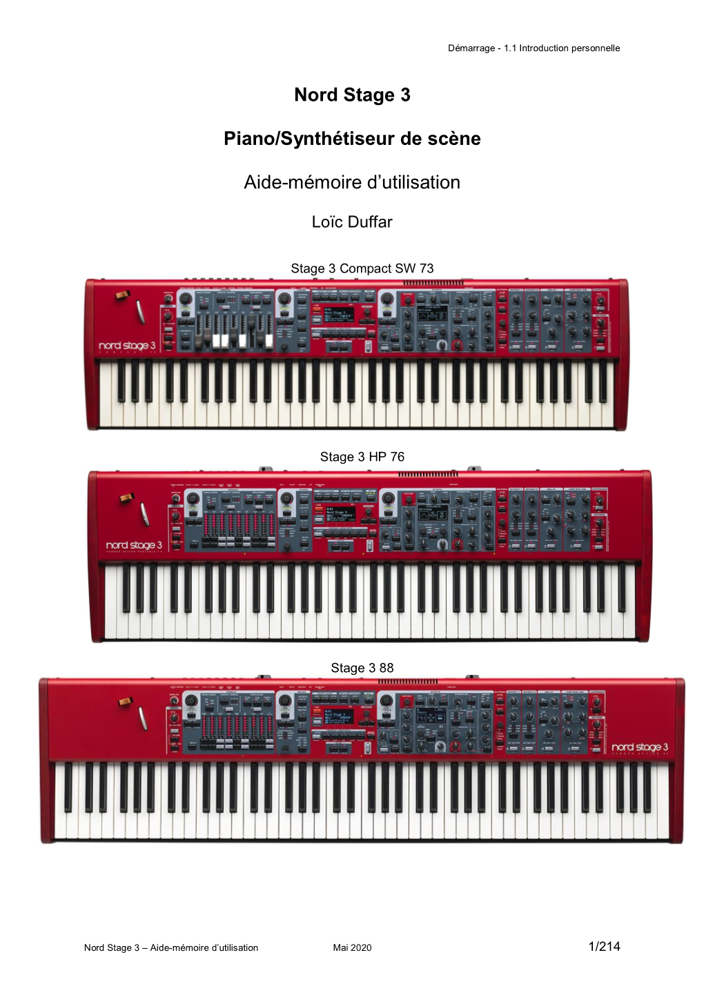 Nord Stage 3 Piano/Synthétiseur De Scène Aide-Mémoire D'utilisation