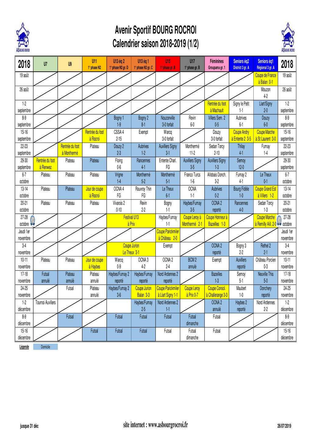 Avenir Sportif BOURG ROCROI Calendrier Saison 2018-2019 (1/2)