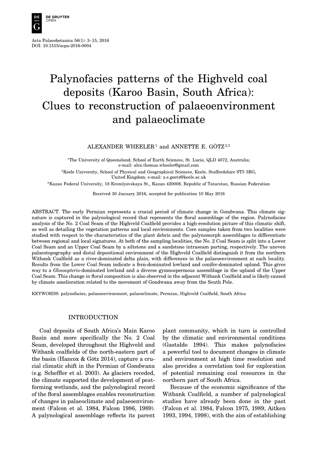 Palynofacies Patterns of the Highveld Coal Deposits (Karoo Basin, South Africa): Clues to Reconstruction of Palaeoenvironment and Palaeoclimate