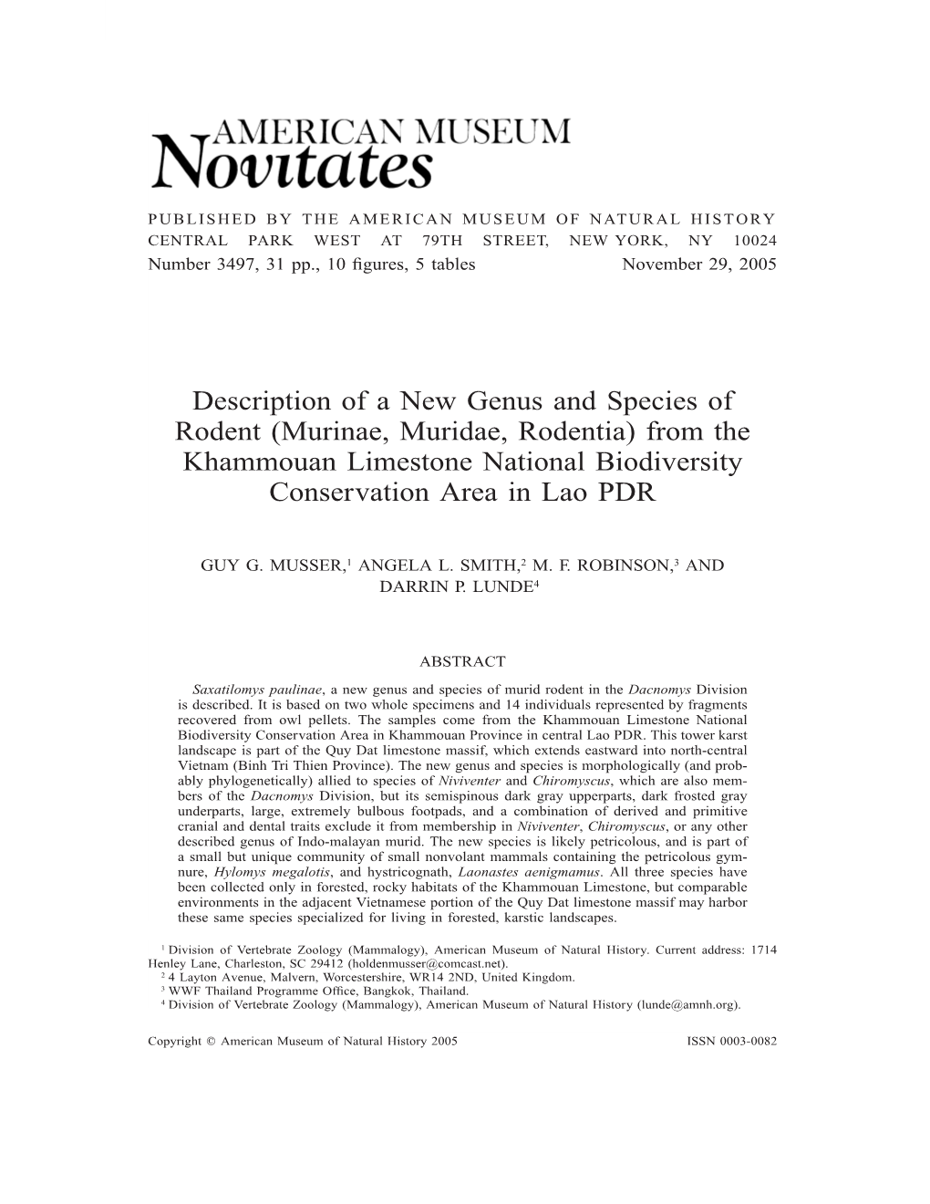 Description of a New Genus and Species of Rodent (Murinae, Muridae, Rodentia) from the Khammouan Limestone National Biodiversity Conservation Area in Lao PDR