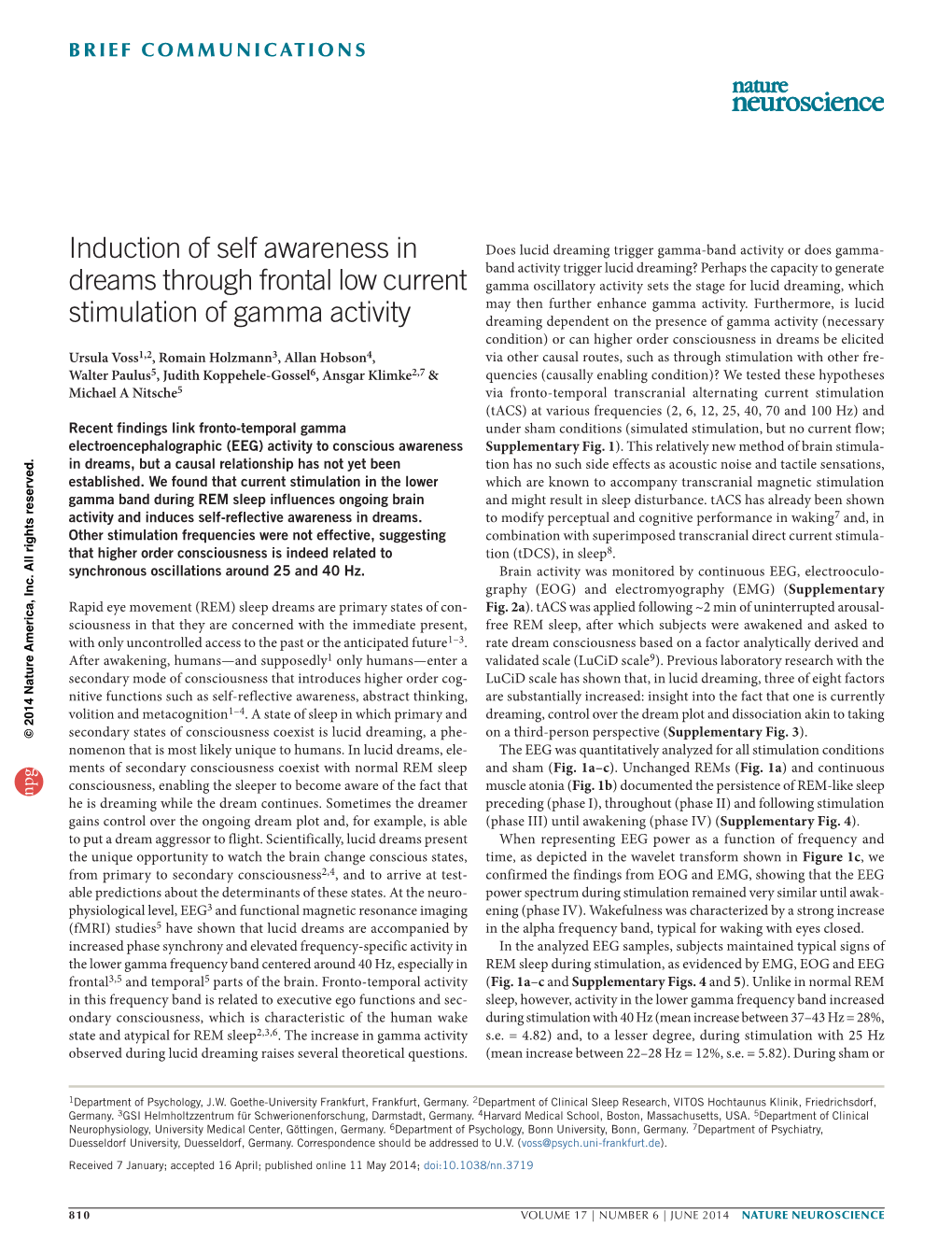 Induction of Self Awareness in Dreams Through Frontal Low Current