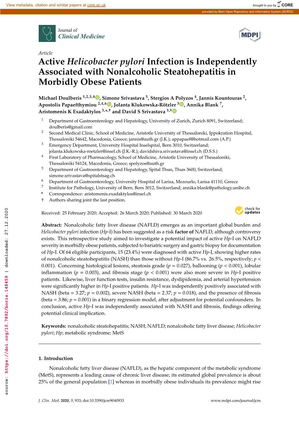 Active Helicobacter Pylori Infection Is Independently Associated with Nonalcoholic Steatohepatitis in Morbidly Obese Patients