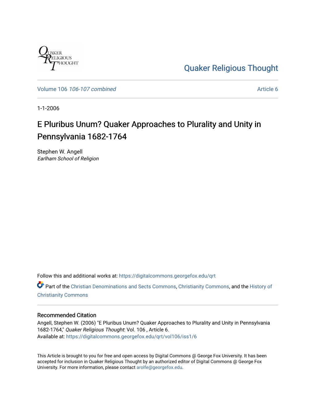 E Pluribus Unum? Quaker Approaches to Plurality and Unity in Pennsylvania 1682-1764