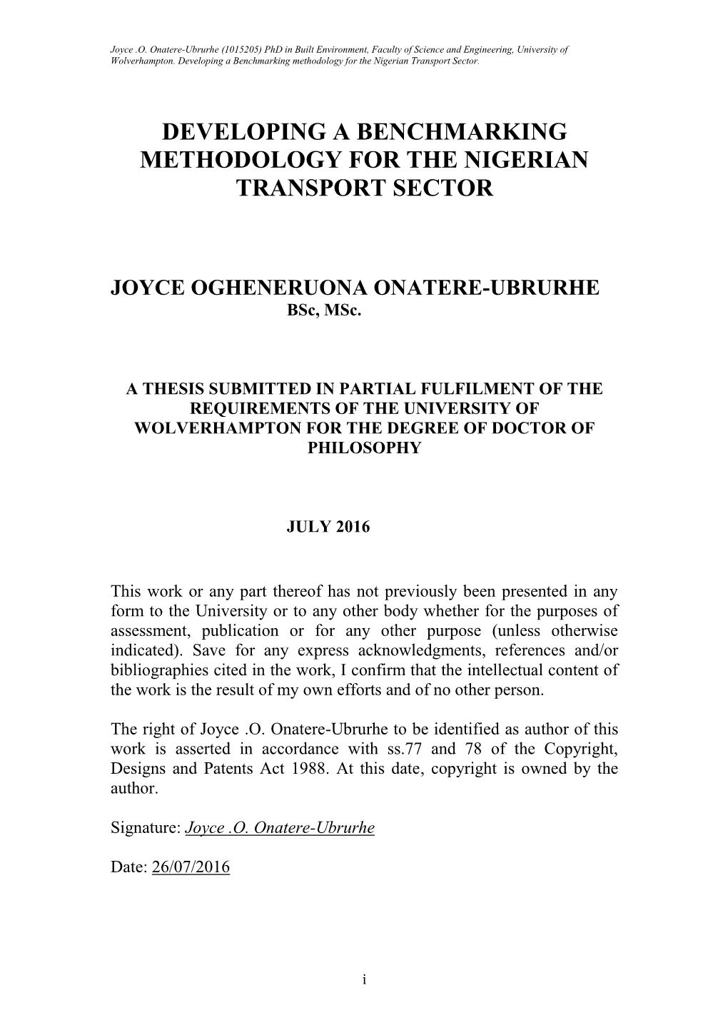 Developing a Benchmarking Methodology for the Nigerian Transport Sector