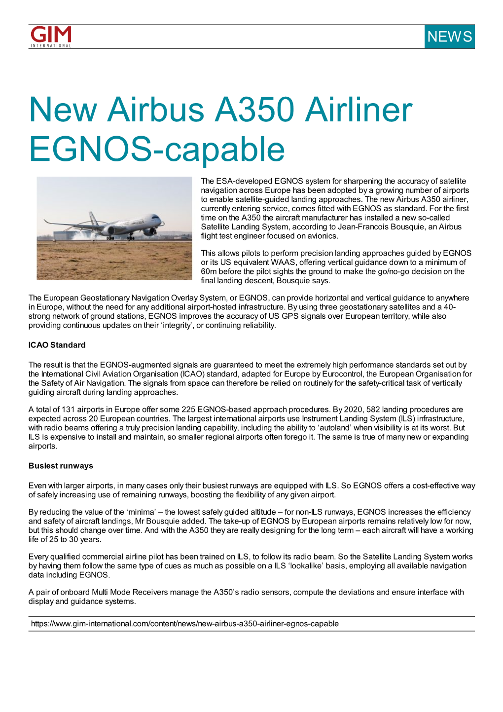 New Airbus A350 Airliner EGNOS-Capable