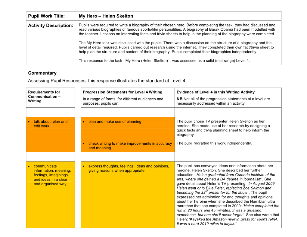 My Hero – Helen Skelton Commentary Assessing Pupil Responses