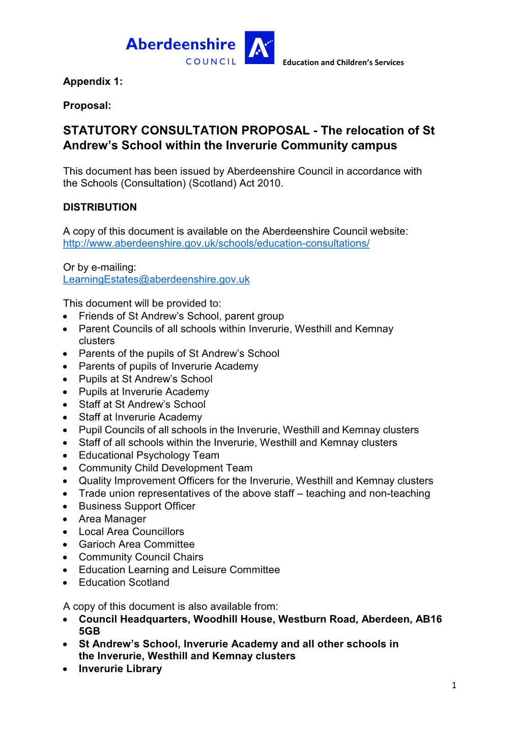 STATUTORY CONSULTATION PROPOSAL - the Relocation of St Andrew’S School Within the Inverurie Community Campus