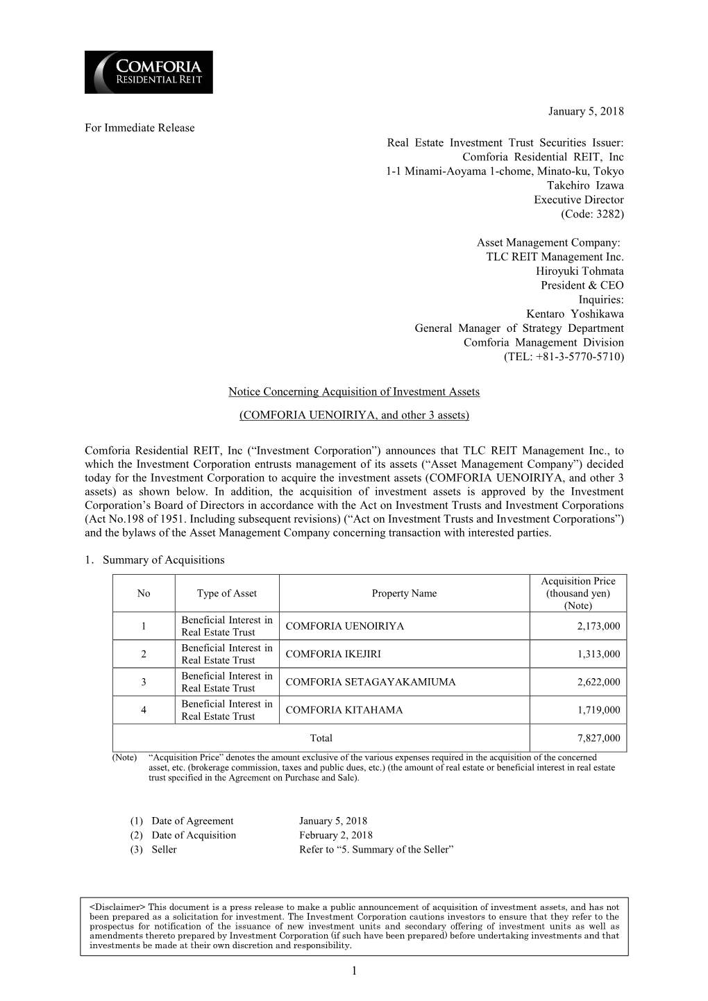 Notice Concerning Acquisition of Investment Assets (COMFORIA UENOIRIYA, and Other 3 Assets)