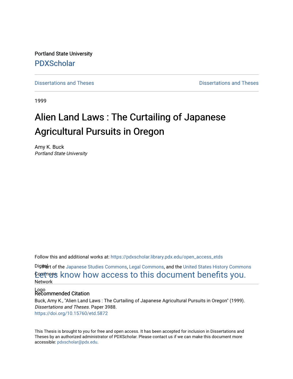 Alien Land Laws : the Curtailing of Japanese Agricultural Pursuits in Oregon