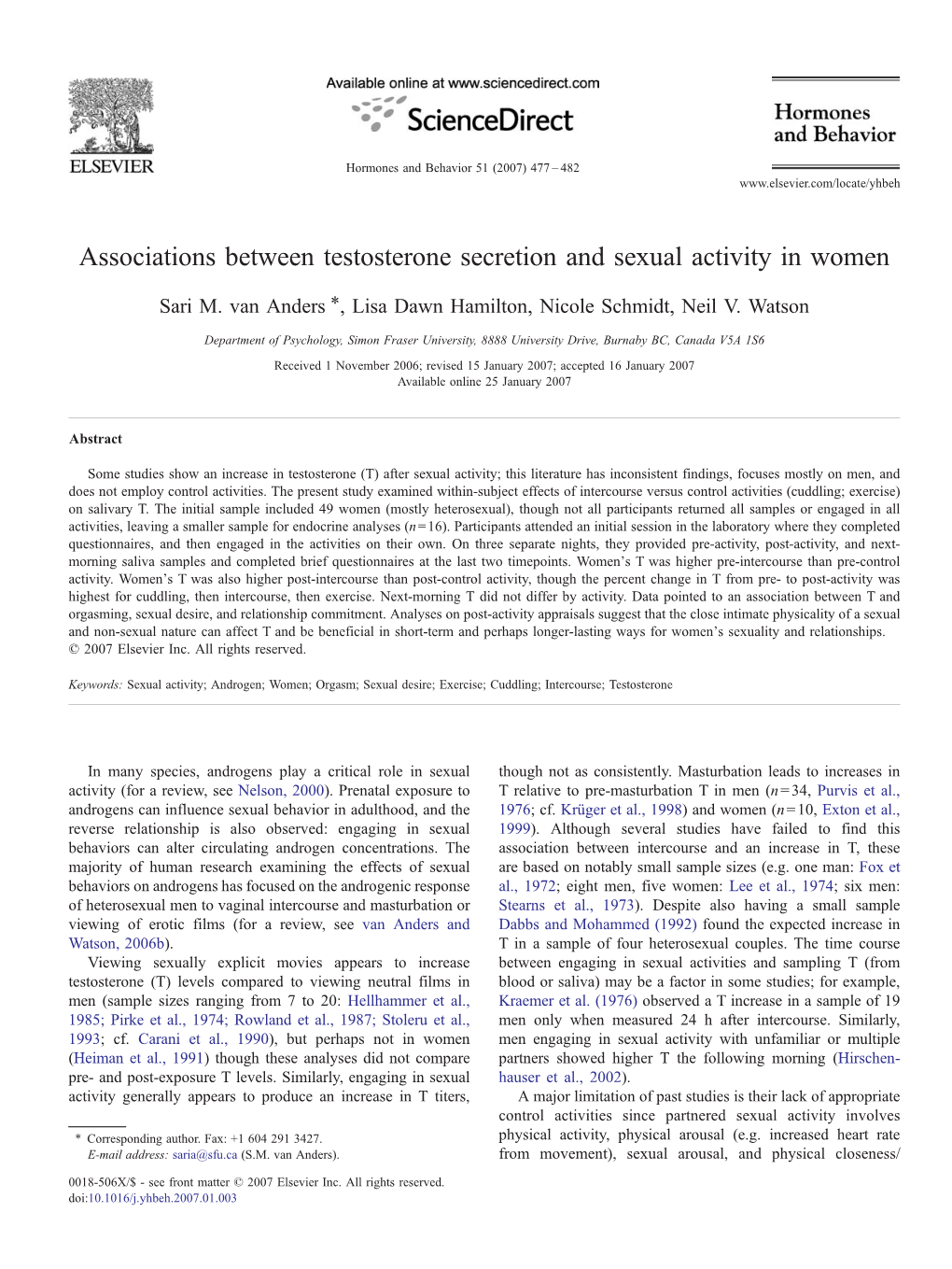Associations Between Testosterone Secretion and Sexual Activity in Women ⁎ Sari M