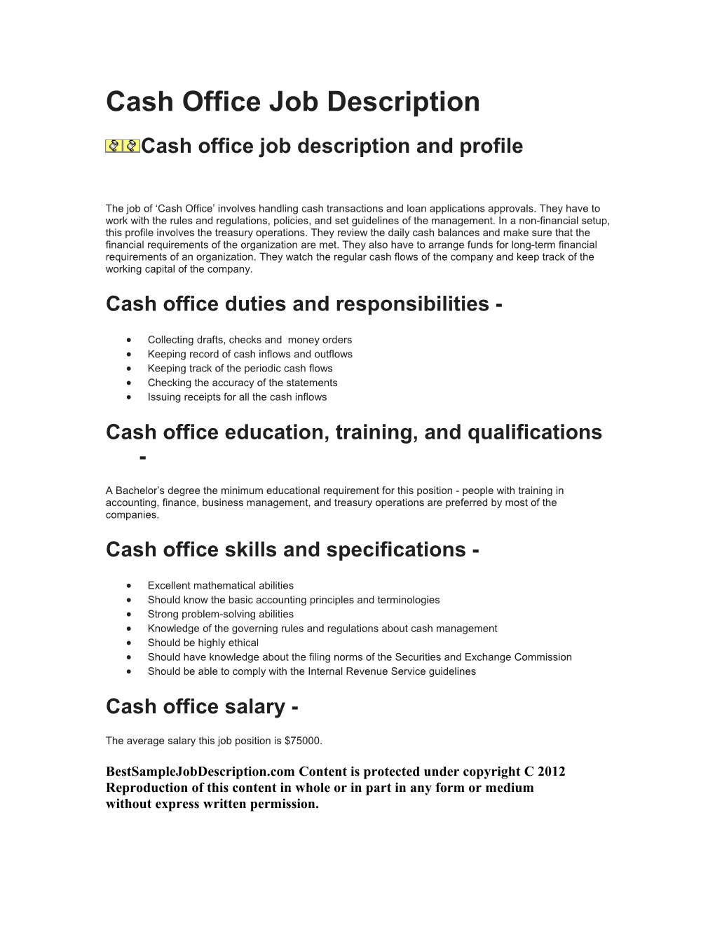 Cash Office Job Description