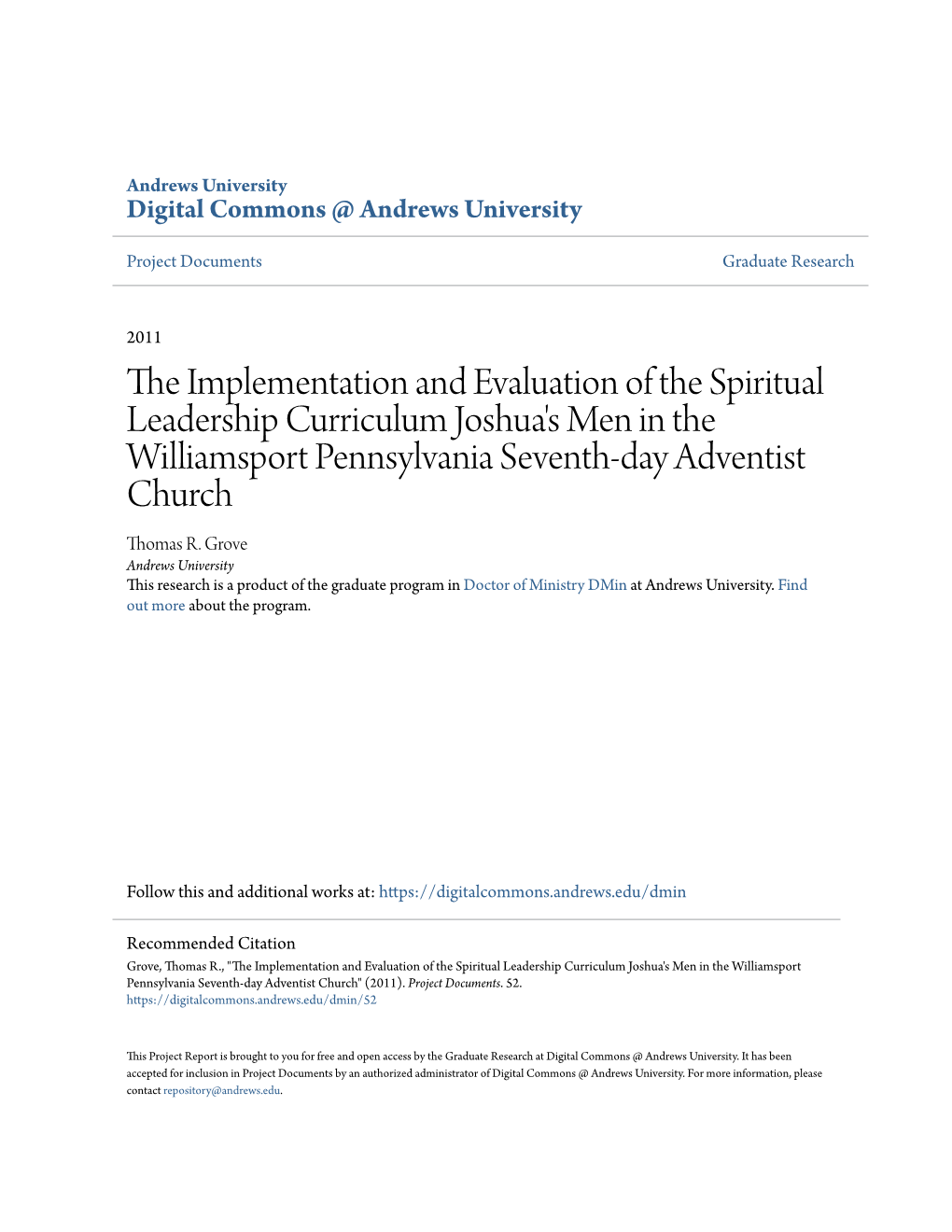 The Implementation and Evaluation of the Spiritual Leadership Curriculum Joshua’S Men in the Williamsport Pennsylvania Seventh-Day Adventist Church