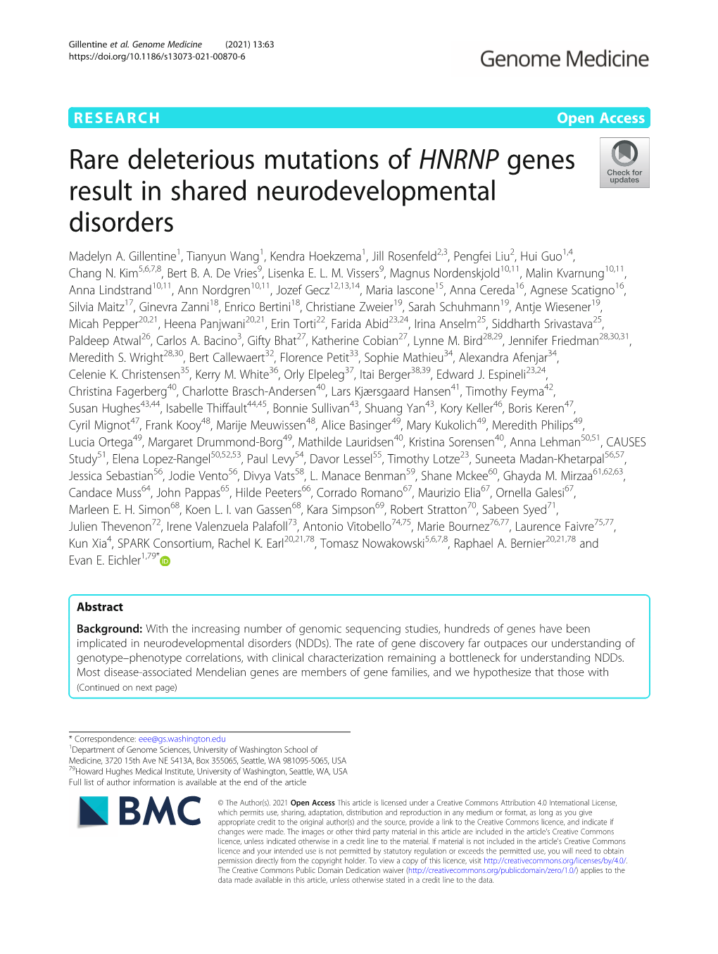 Rare Deleterious Mutations of HNRNP Genes Result in Shared Neurodevelopmental Disorders Madelyn A