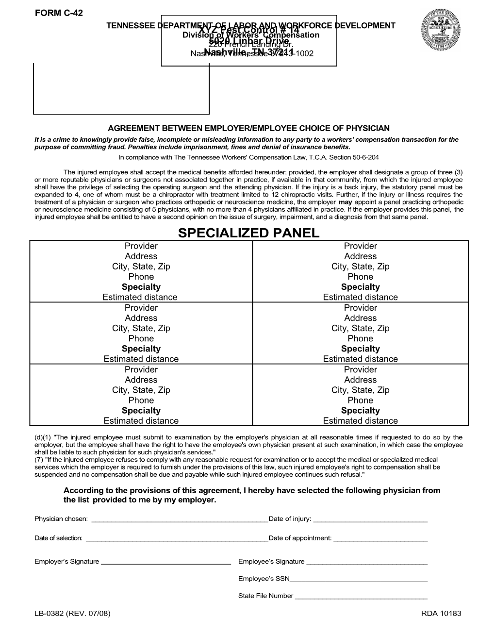 Agreement Between Employer/Employee Choice of Physician