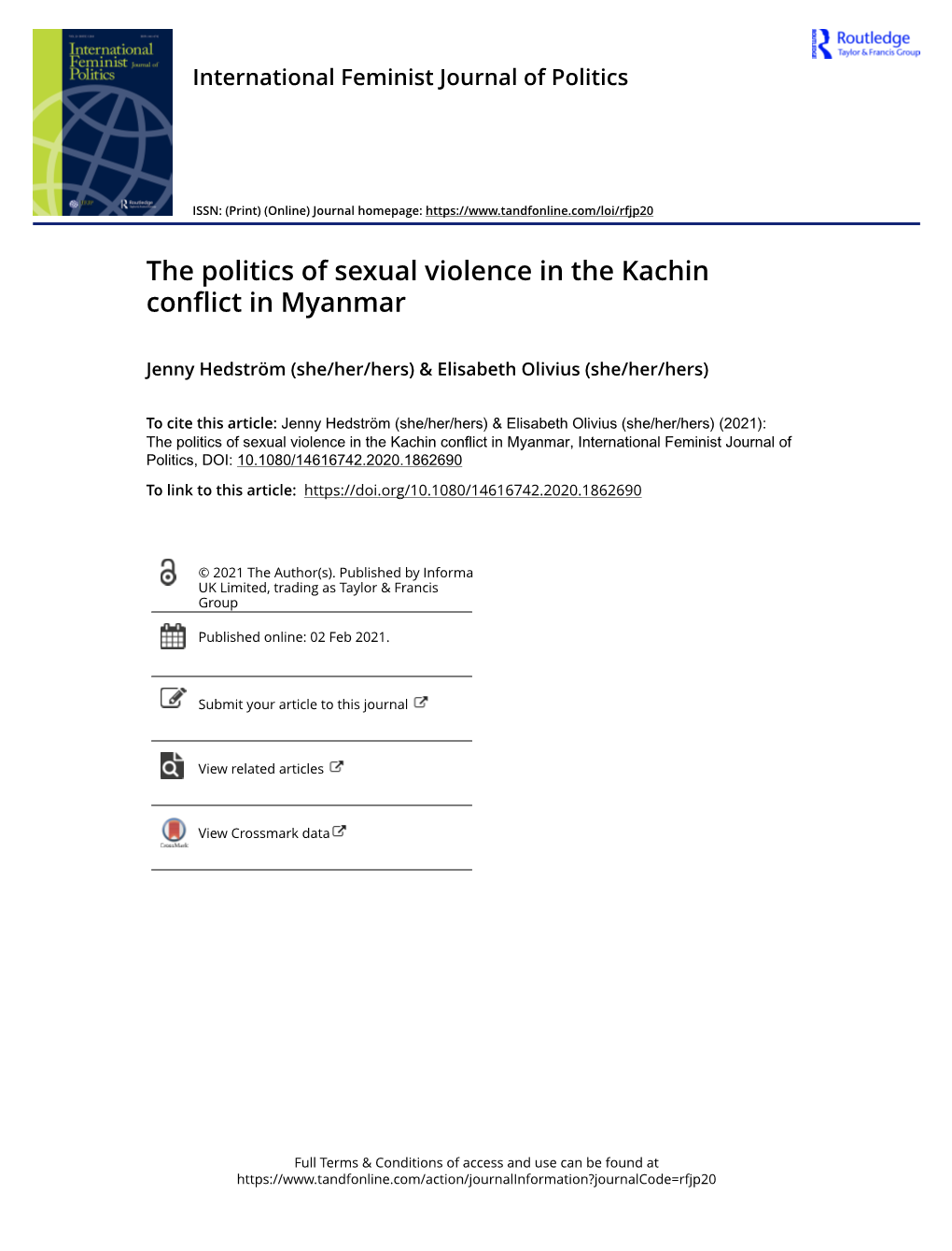 The Politics of Sexual Violence in the Kachin Conflict in Myanmar