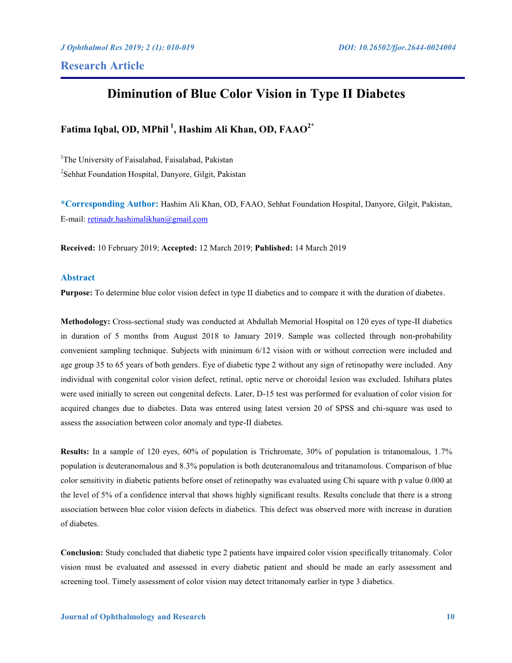 Diminution of Blue Color Vision in Type II Diabetes