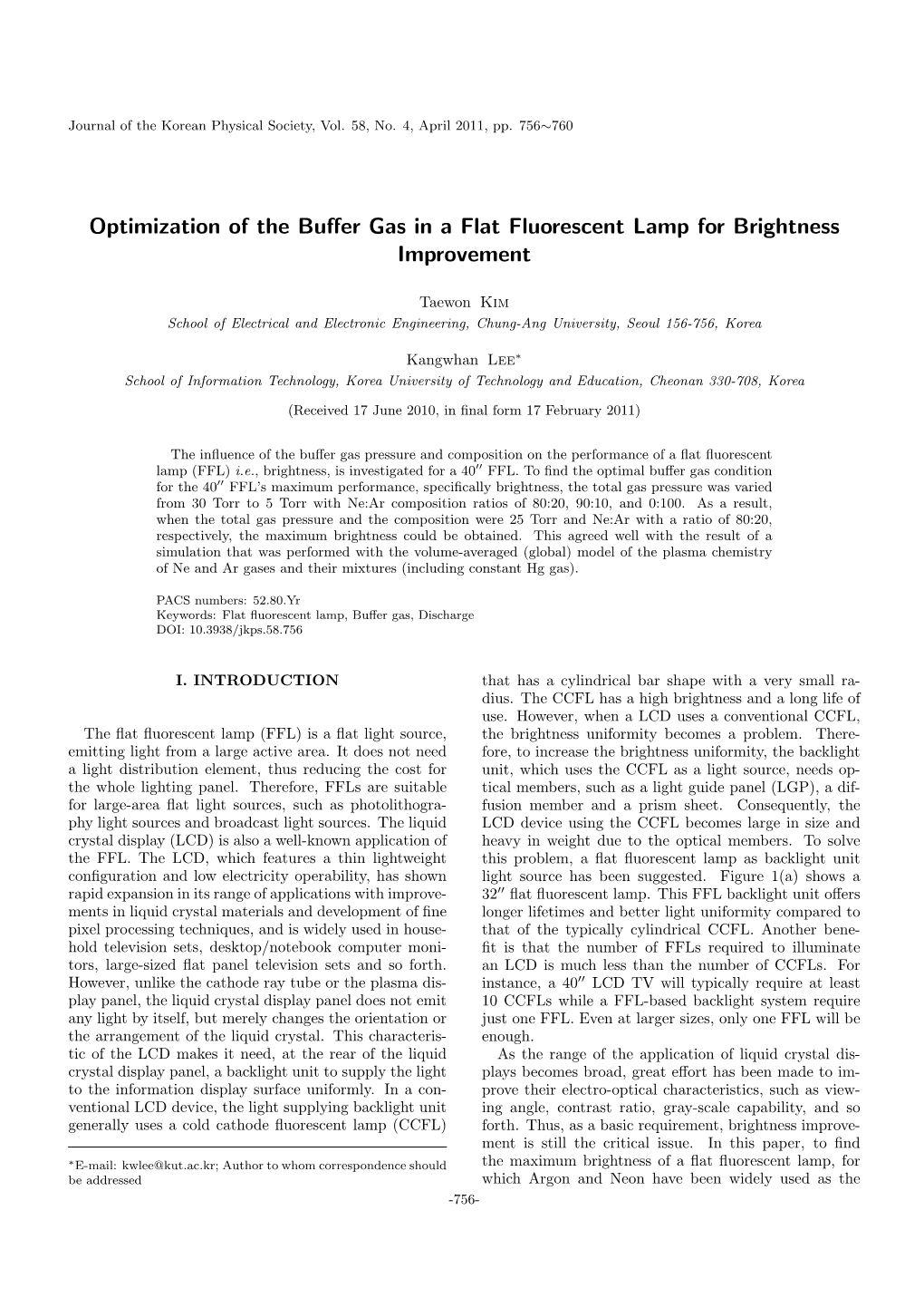 Optimization of the Buffer Gas in a Flat Fluorescent Lamp For