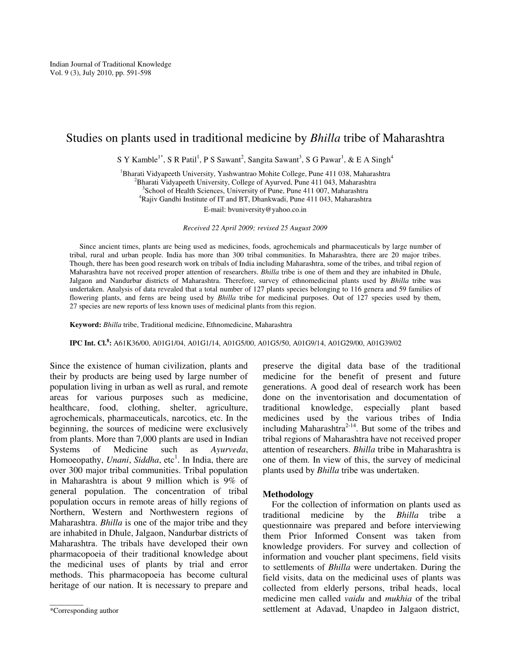 Studies on Plants Used in Traditional Medicine by Bhilla Tribe of Maharashtra