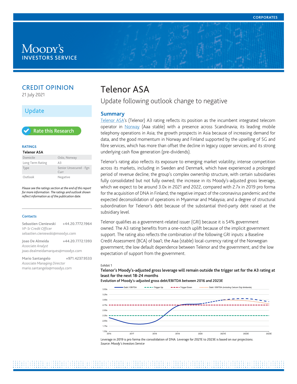 Telenor ASA 21 July 2021 Update Following Outlook Change to Negative