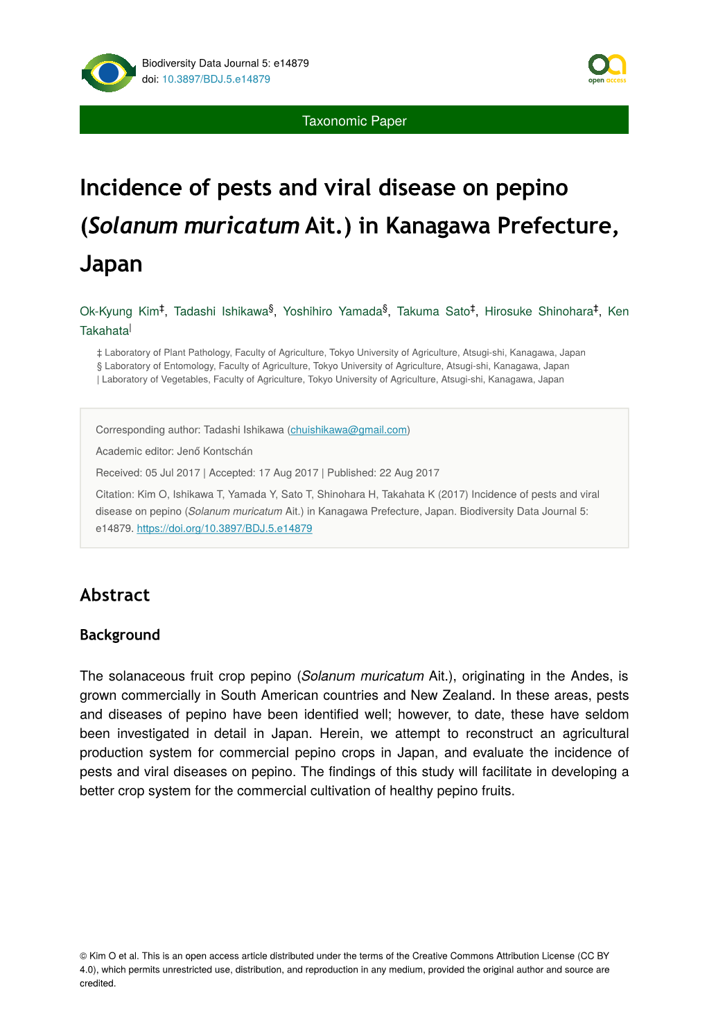 Incidence of Pests and Viral Disease on Pepino (Solanum Muricatum Ait.) in Kanagawa Prefecture, Japan