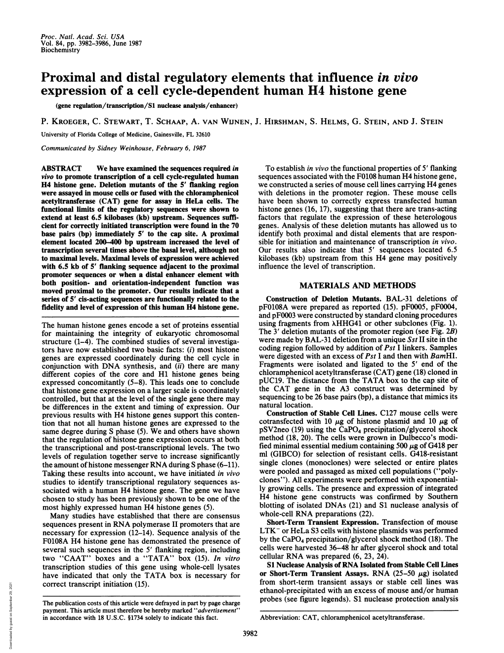 Proximal and Distal Regulatory Elements That Influence in Vivo Expression of a Cell Cycle-Dependent Human H4 Histone Gene