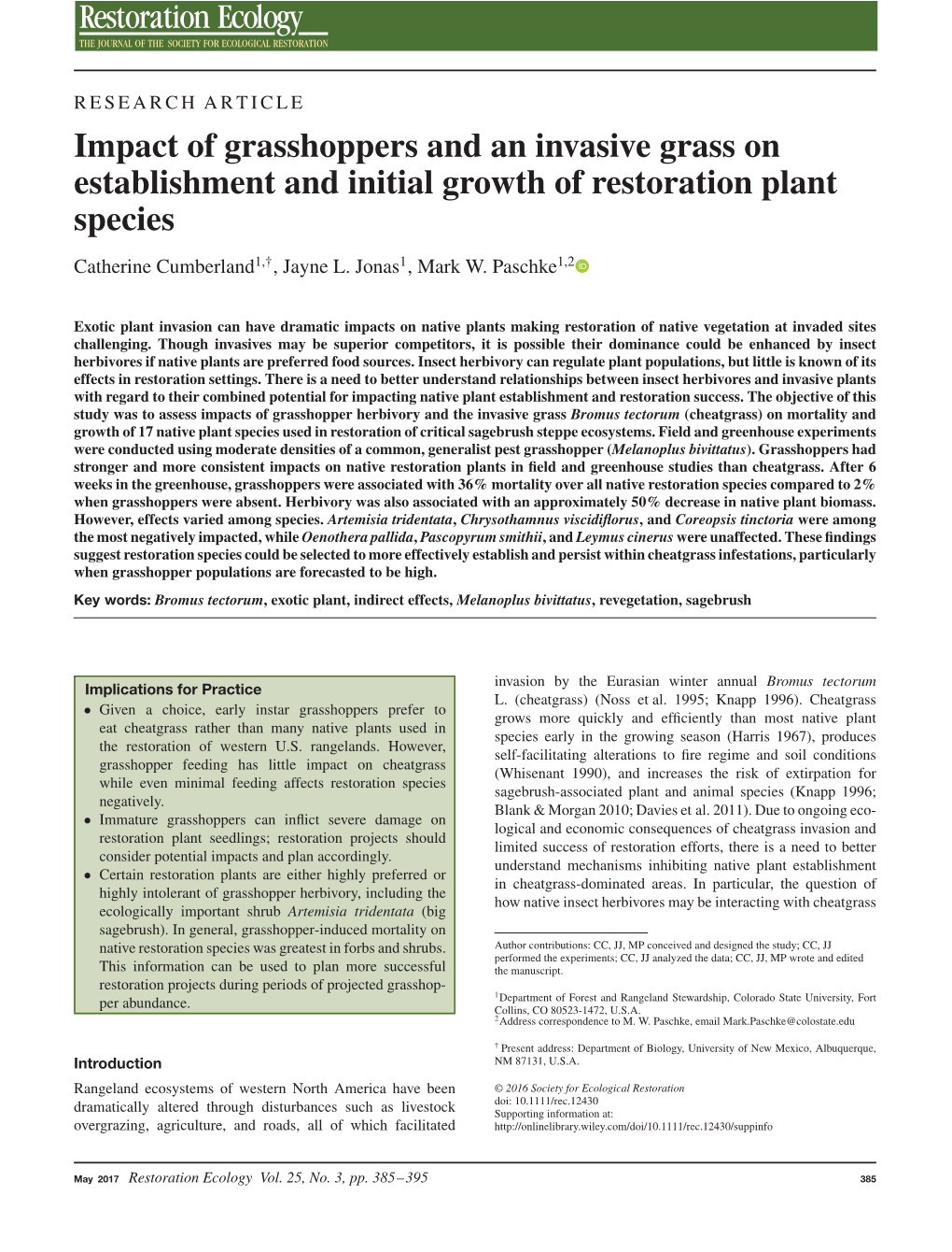 Impact of Grasshoppers and an Invasive Grass on Establishment and Initial Growth of Restoration Plant Species