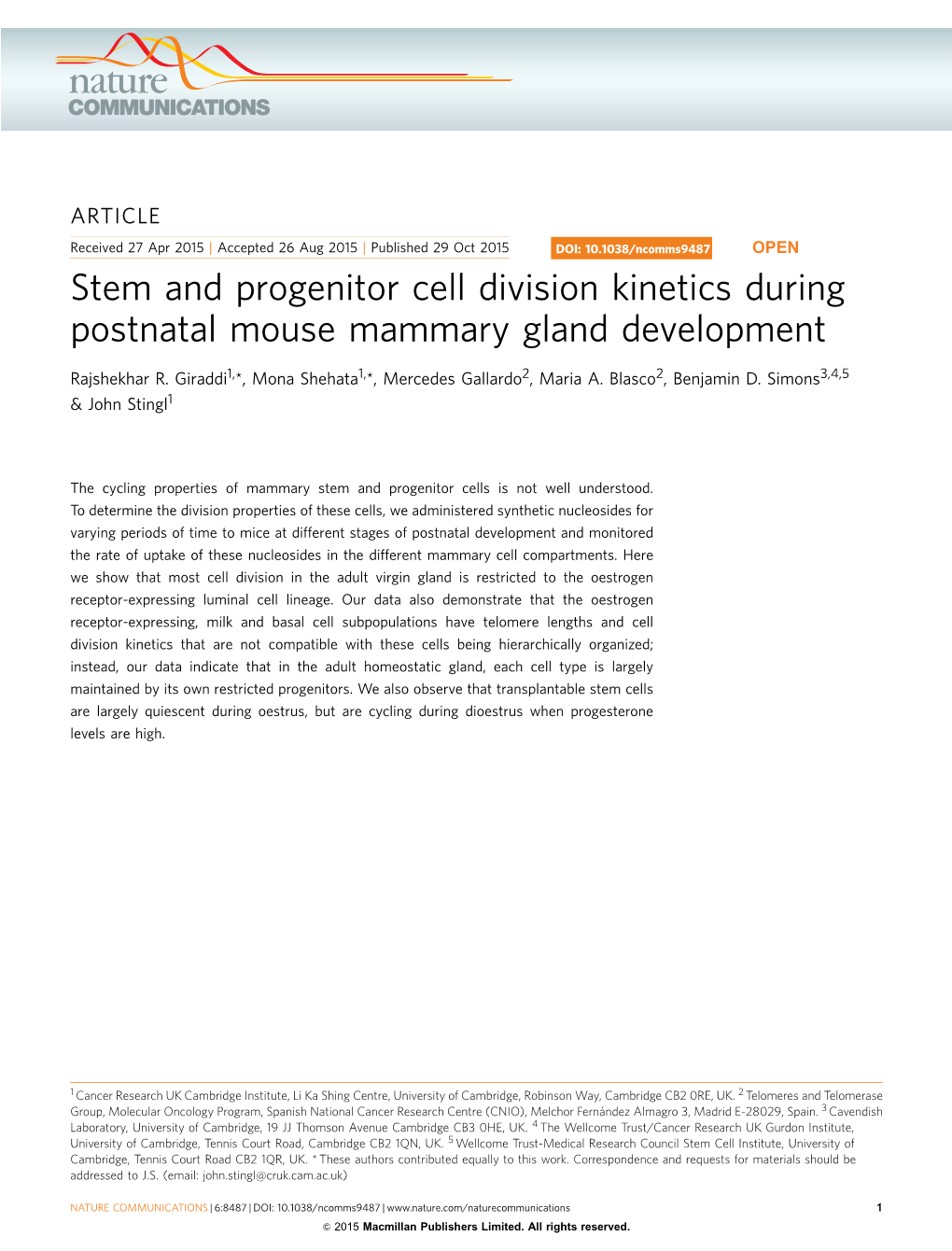Stem and Progenitor Cell Division Kinetics During Postnatal Mouse Mammary Gland Development