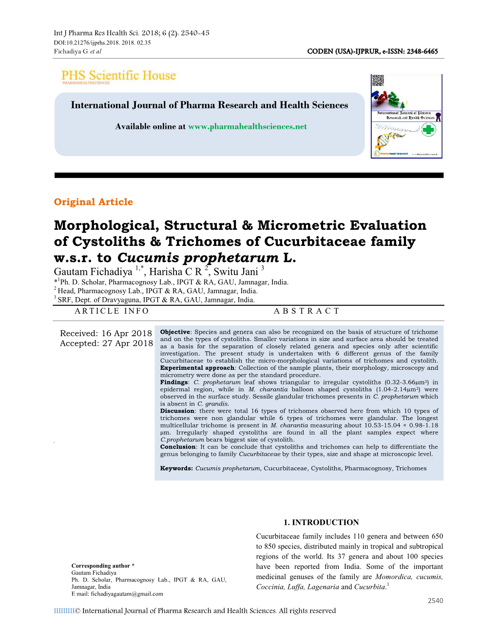 Morphological, Structural & Micrometric Evaluation of Cystoliths & Trichomes of Cucurbitaceae Family W.S.R. to Cucumis P