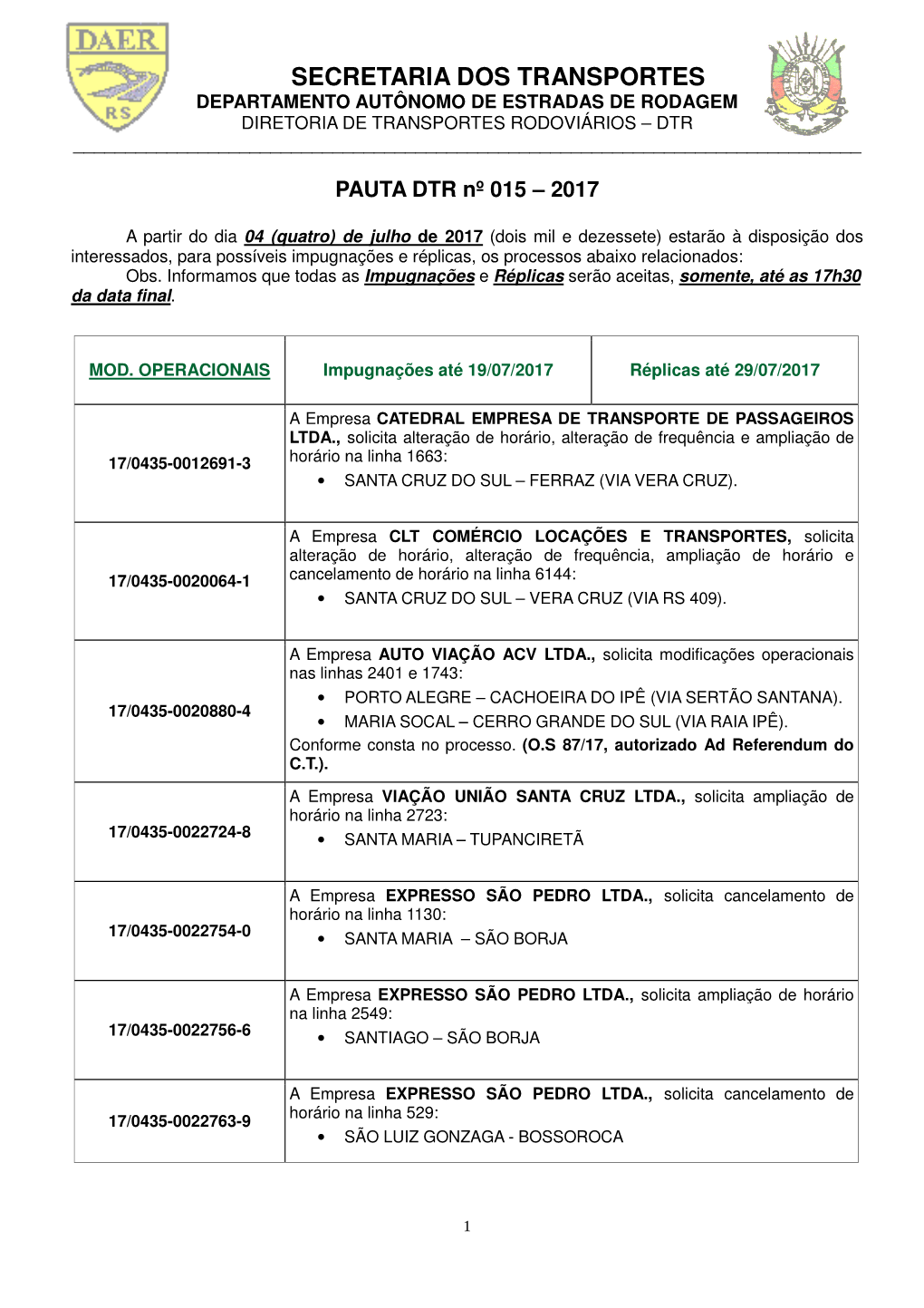 Secretaria Dos Transportes Departamento Autônomo De Estradas De Rodagem Diretoria De Transportes Rodoviários – Dtr ______