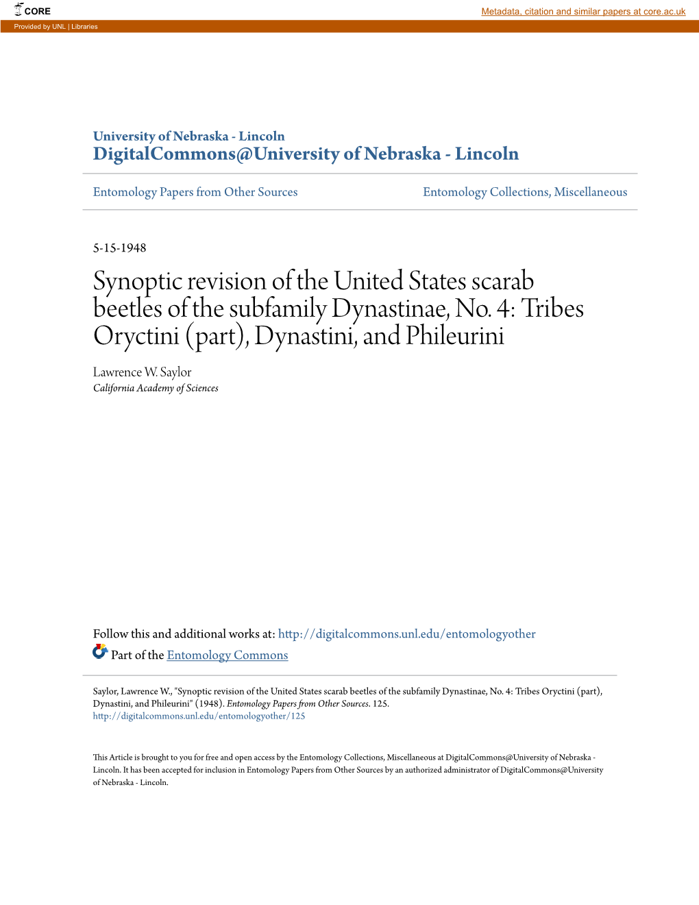 Synoptic Revision of the United States Scarab Beetles of the Subfamily Dynastinae, No. 4: Tribes Oryctini (Part), Dynastini, and Phileurini Lawrence W