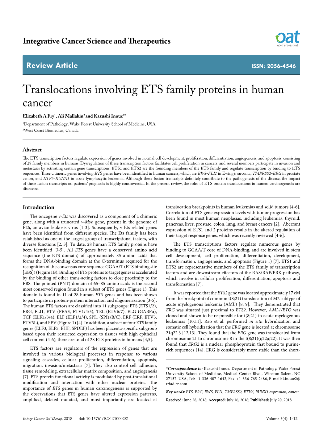 Translocations Involving ETS Family Proteins in Human Cancer