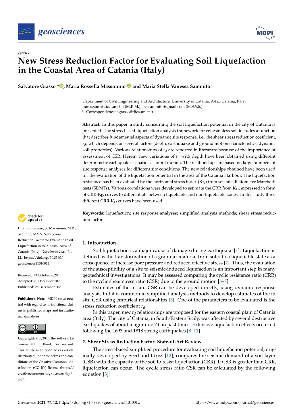 New Stress Reduction Factor for Evaluating Soil Liquefaction in the Coastal Area of Catania (Italy)