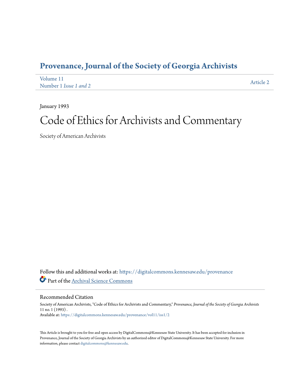 Code of Ethics for Archivists and Commentary Society of American Archivists