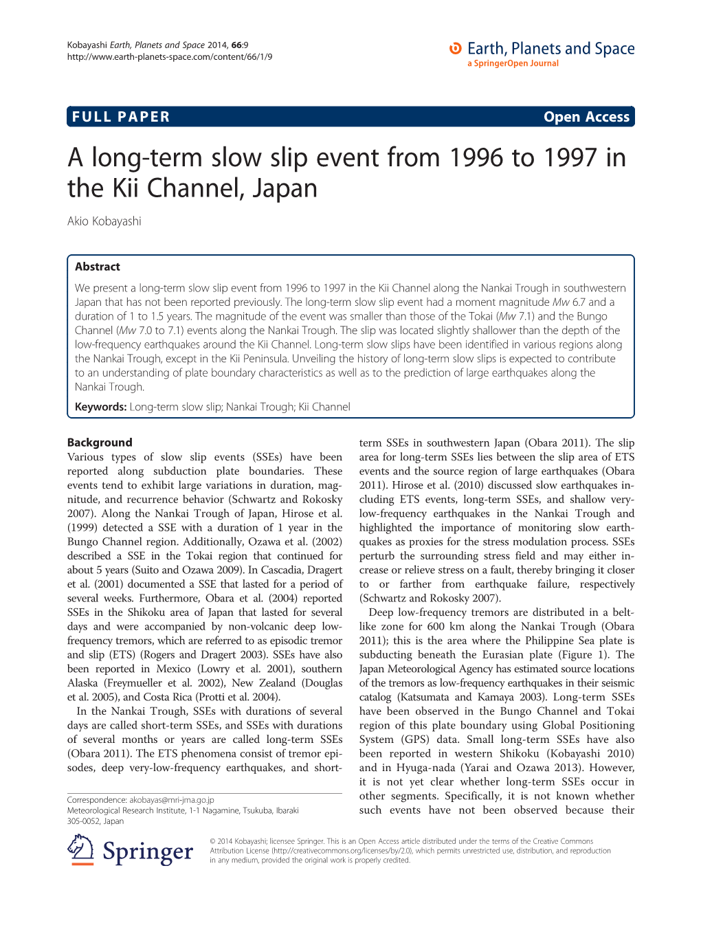 A Long-Term Slow Slip Event from 1996 to 1997 in the Kii Channel, Japan Akio Kobayashi