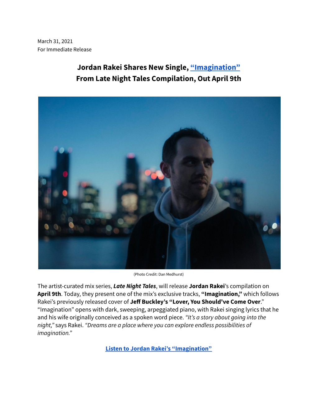 Jordan Rakei Shares New Single, “Imagination” from Late Night Tales Compilation, out April 9Th