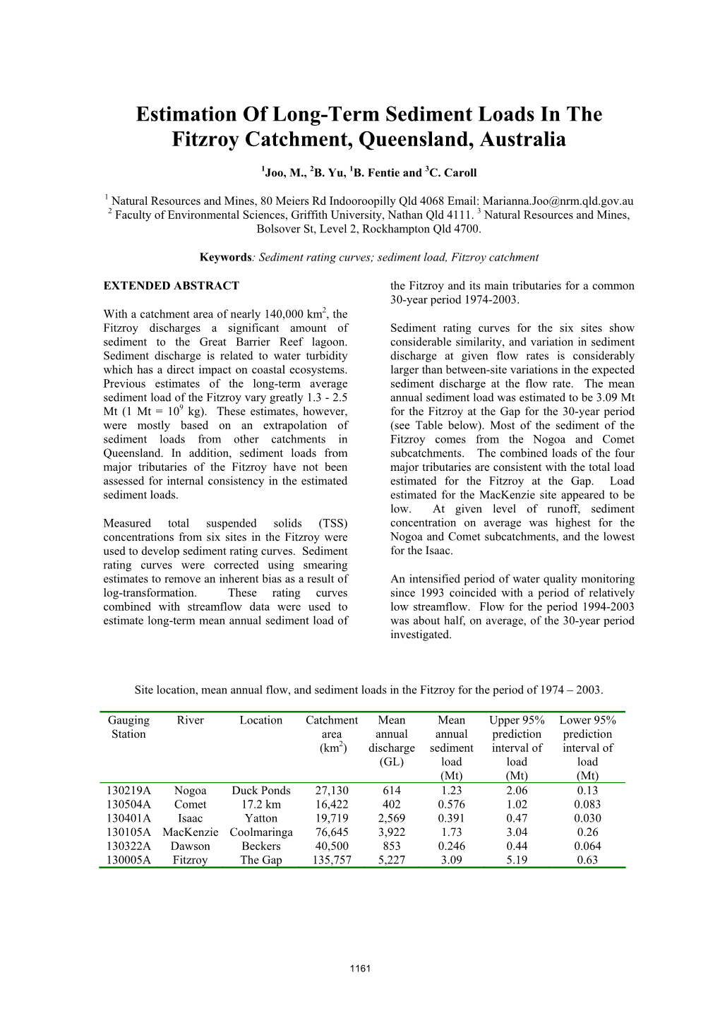 Estimation of Long-Term Sediment Loads in the Fitzroy Catchment, Queensland, Australia