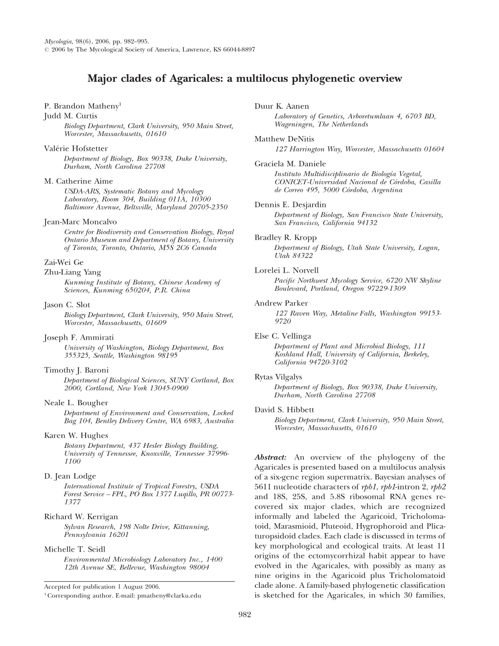 Major Clades of Agaricales: a Multilocus Phylogenetic Overview