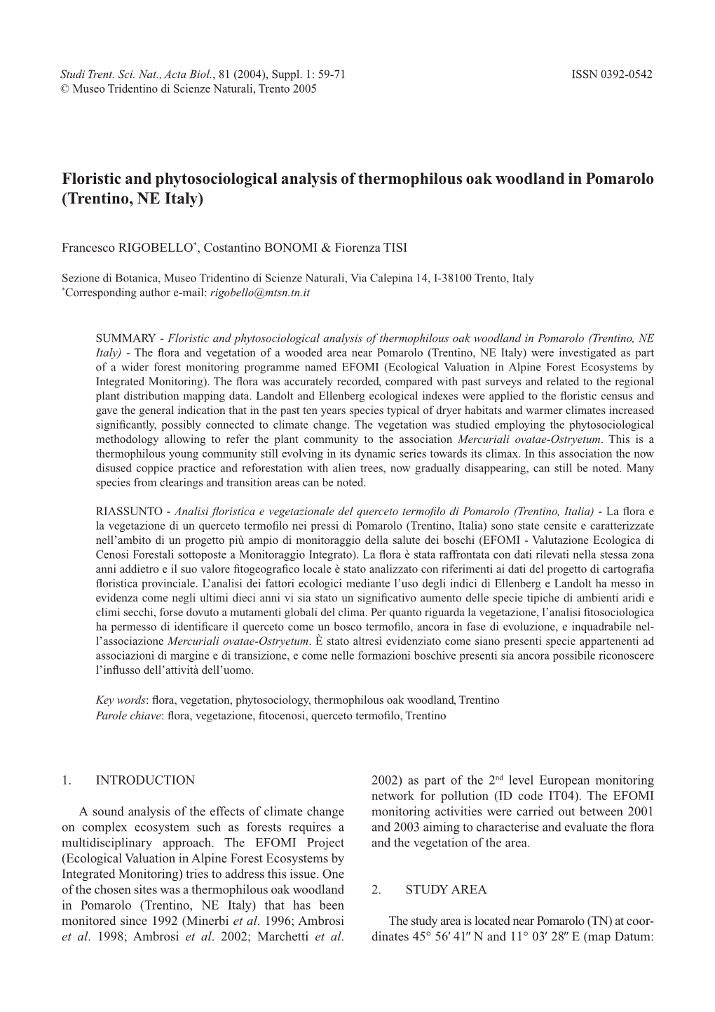 Floristic and Phytosociological Analysis of Thermophilous Oak Woodland in Pomarolo (Trentino, NE Italy)