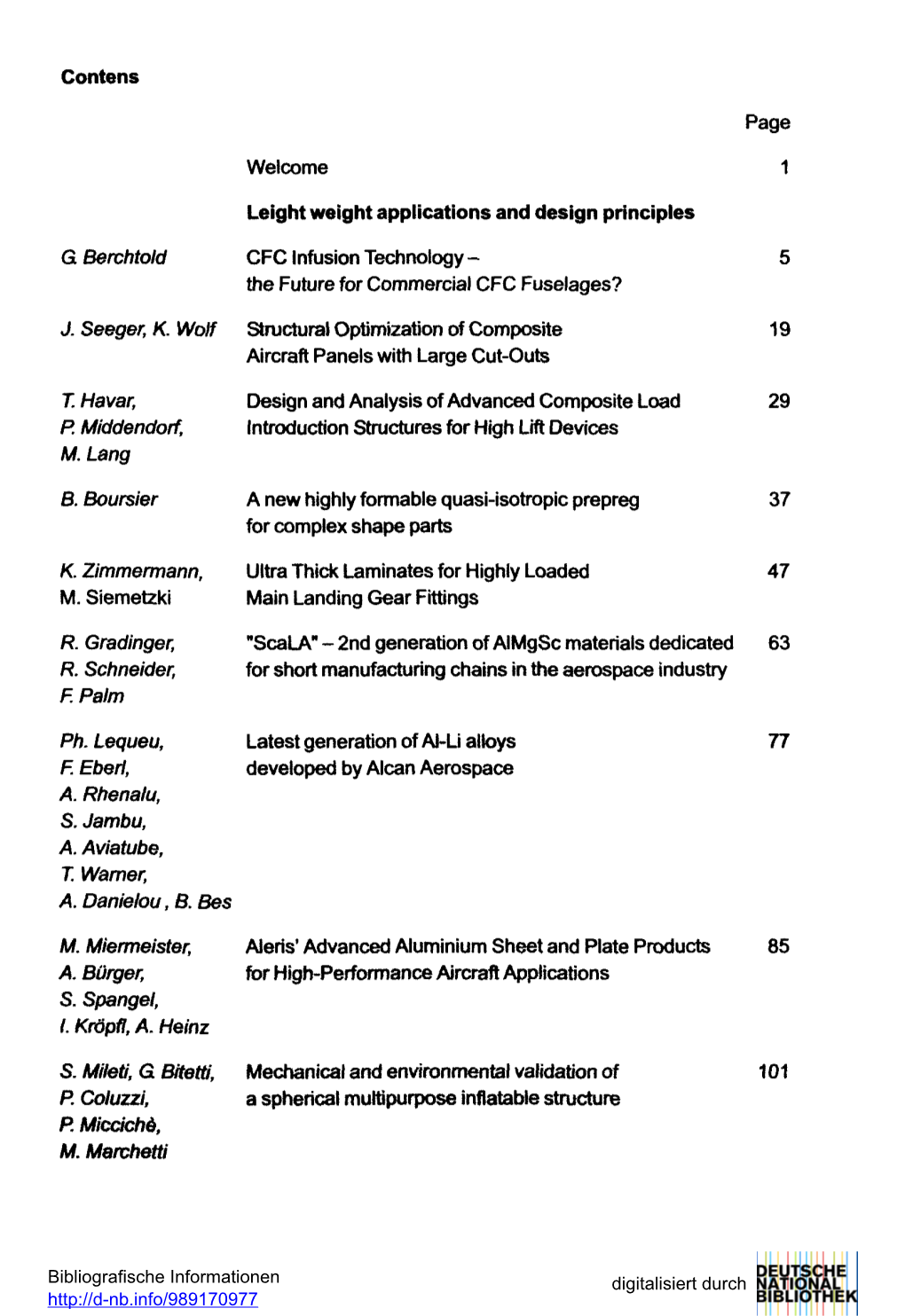 Contens G Berchtold J. Seeger, K. Wolf T. Havar, P. Mlddendorf, M