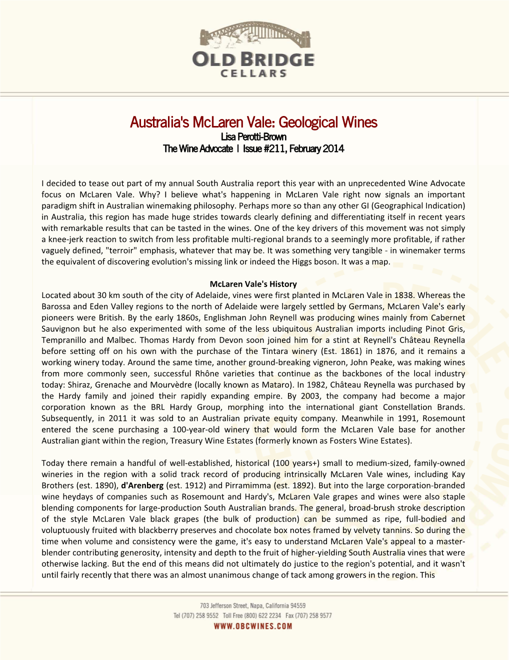 Australia's Mclaren Vale: Geological Wines Lisa Perotti-Brown the Wine Advocate | Issue #211, February 2014