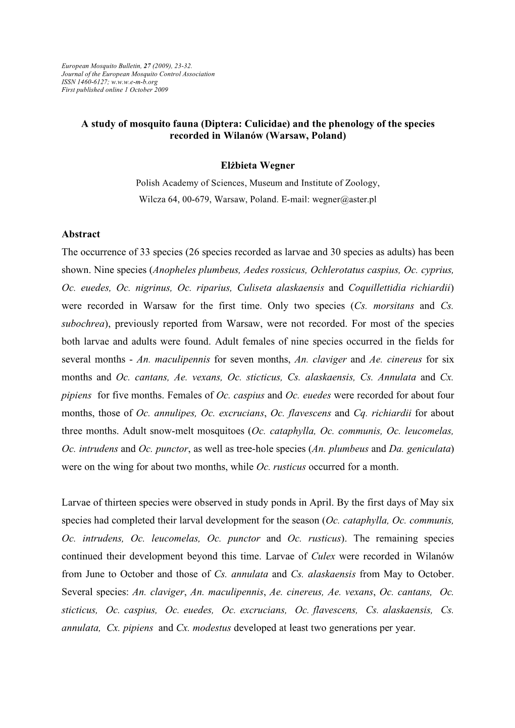 And the Phenology of the Species Recorded in Wilanów (Warsaw, Poland)