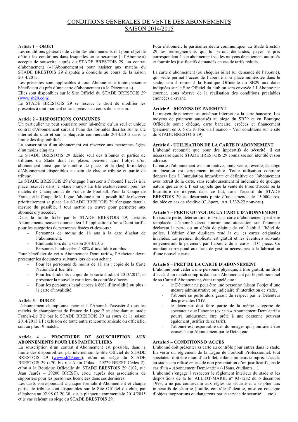Projet De Conditions Générales D'abonnement Saison 2011/2012