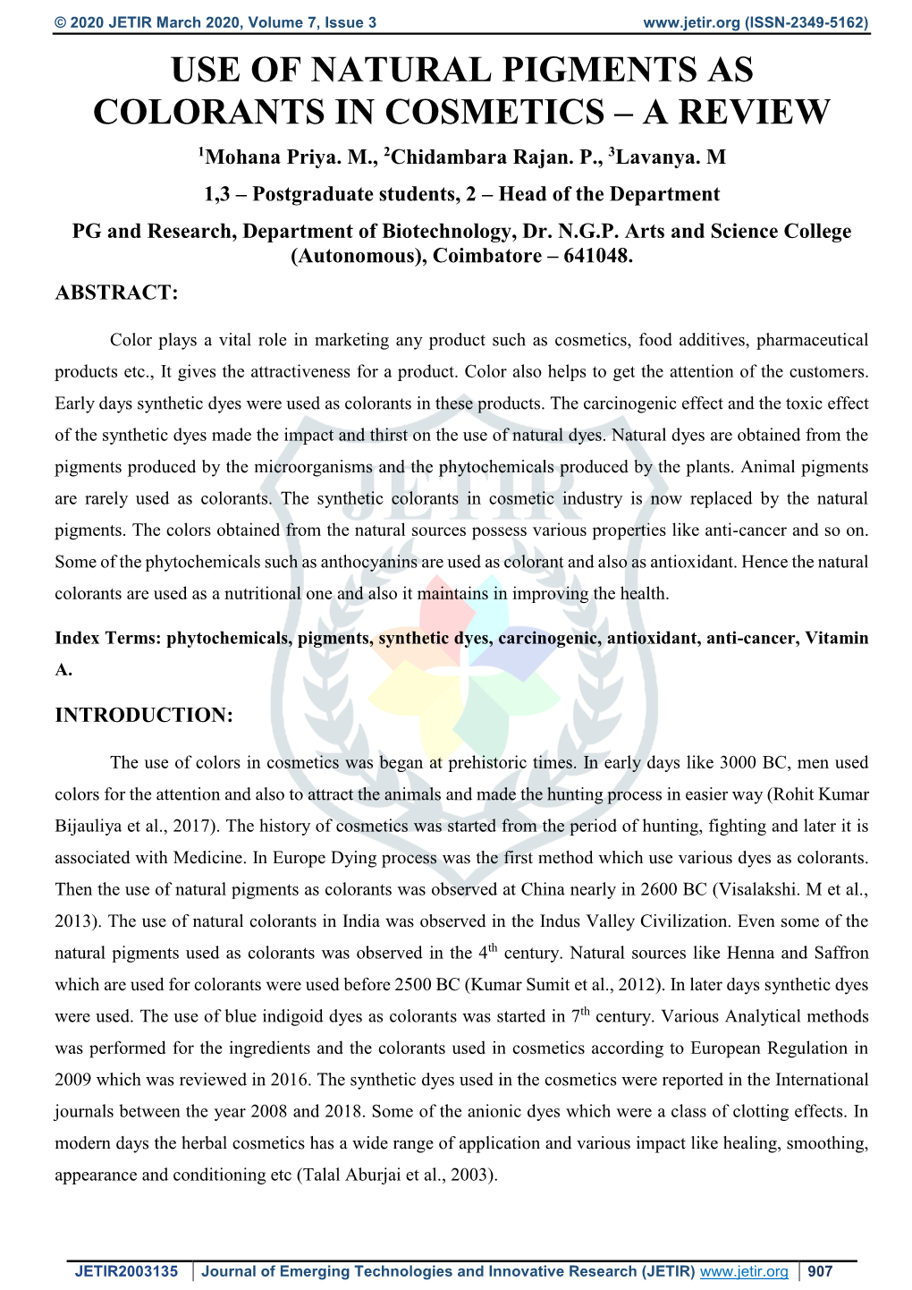 USE of NATURAL PIGMENTS AS COLORANTS in COSMETICS – a REVIEW 1Mohana Priya