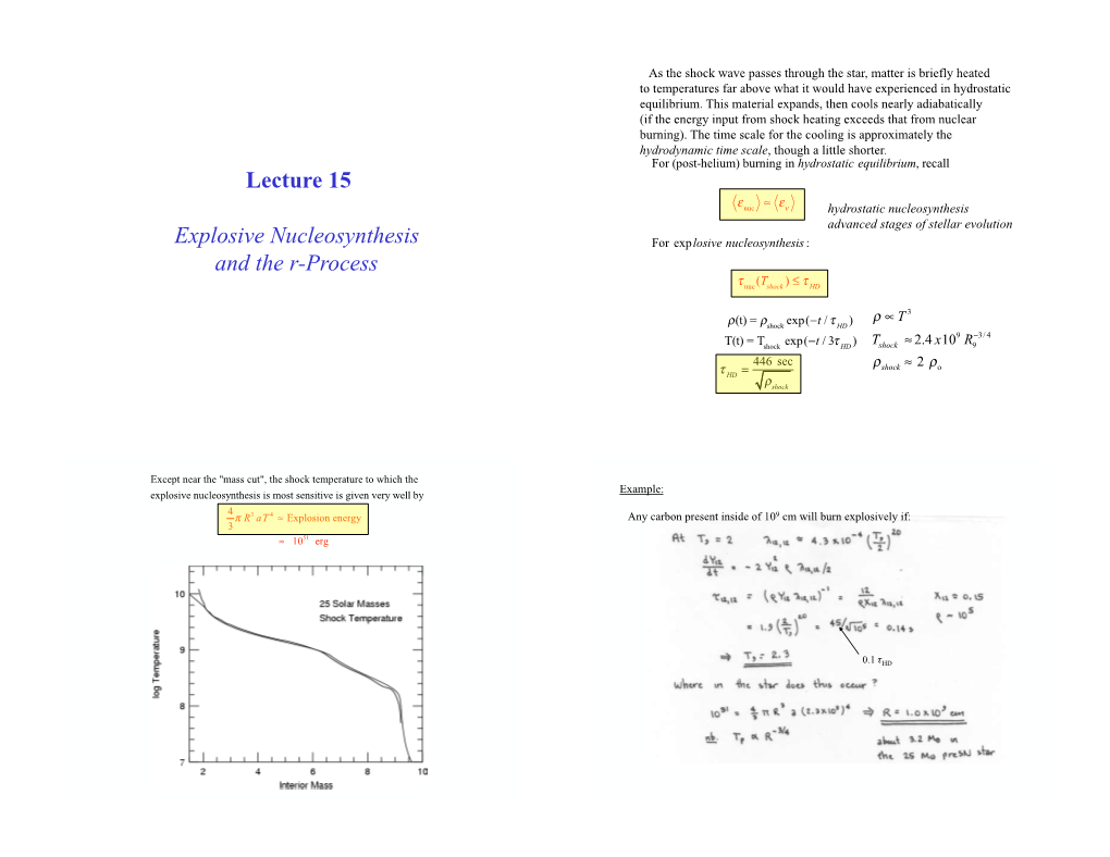 Lecture 15 Explosive Nucleosynthesis and the R-Process