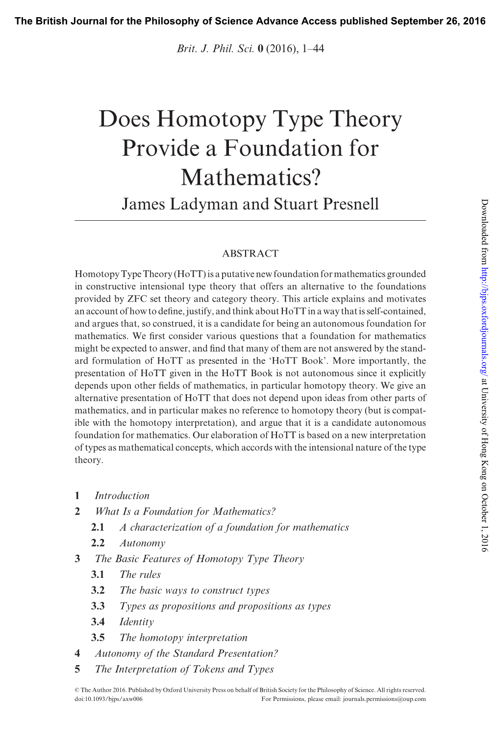 Does Homotopy Type Theory Provide a Foundation for Mathematics? James Ladyman and Stuart Presnell Downloaded From