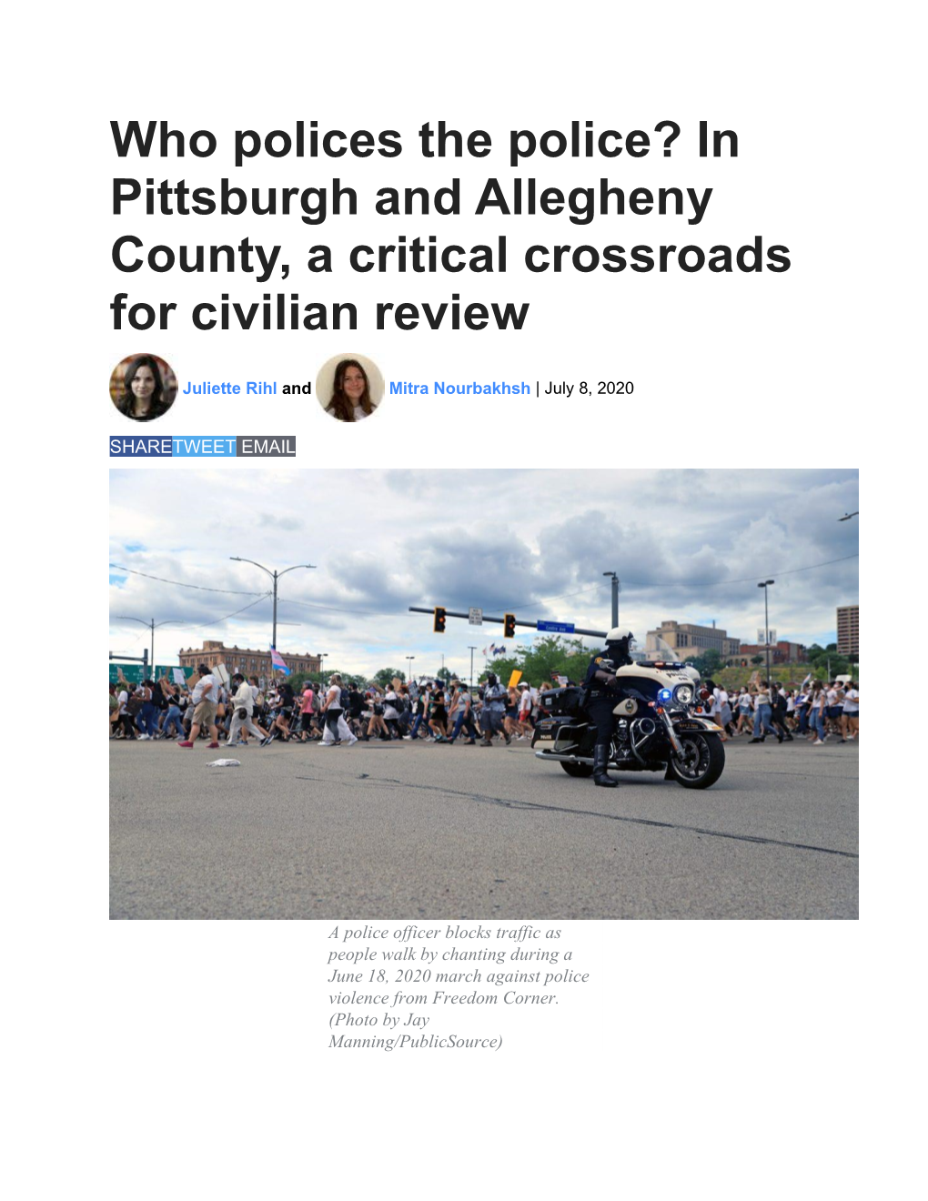 Who Polices the Police? in Pittsburgh and Allegheny County, a Critical Crossroads for Civilian Review