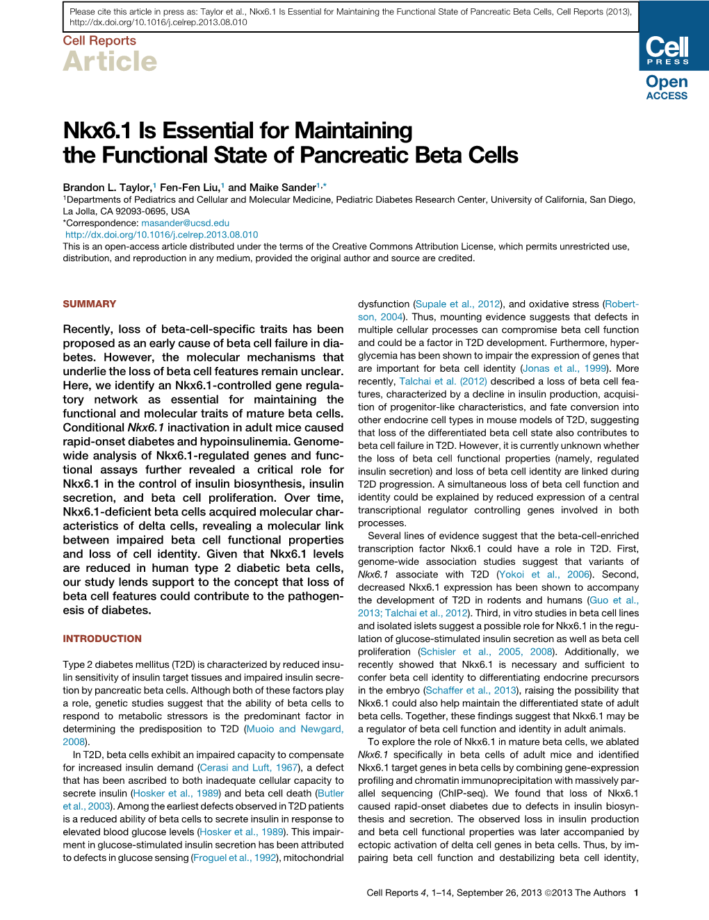 Nkx6.1 Is Essential for Maintaining the Functional State of Pancreatic Beta