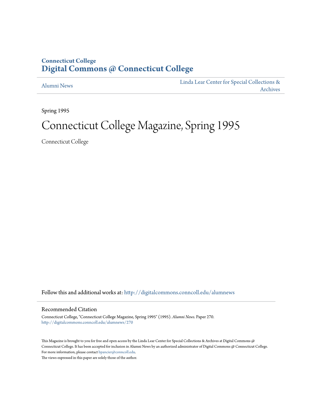 Connecticut College Magazine, Spring 1995 Connecticut College
